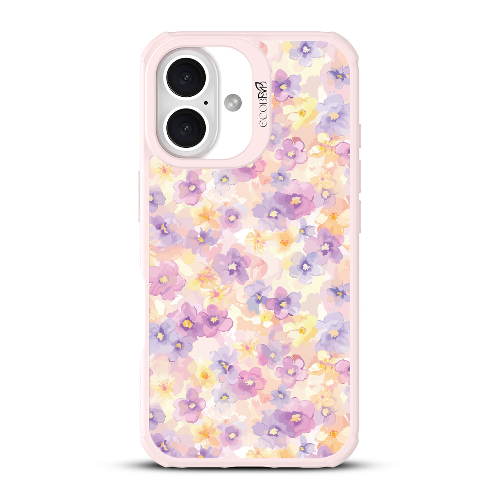 iPhone 16 case, clear, sustainable phone case with pink ridges, back view, Flowering Thoughts design