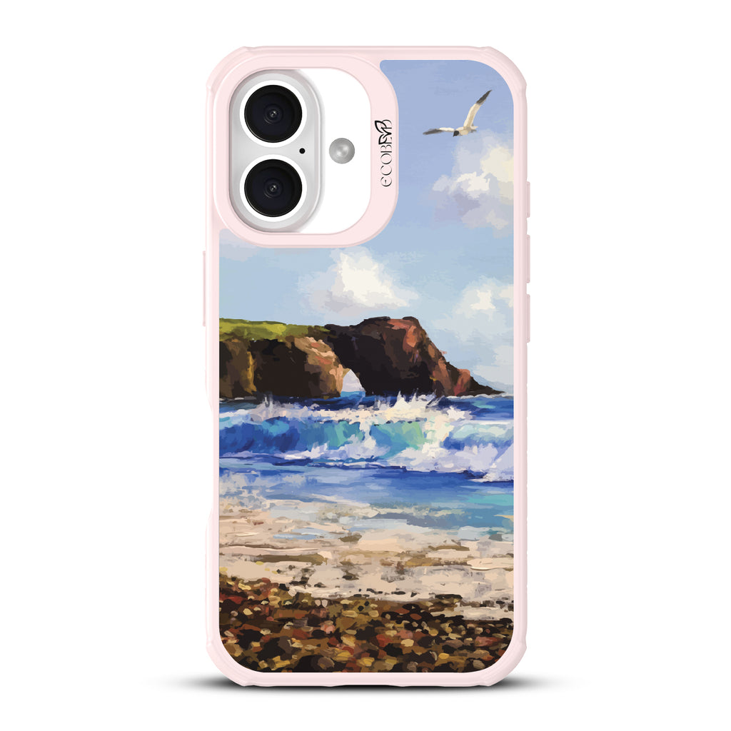 iPhone 16 case, clear, sustainable phone case with pink ridges, back view, Cliffhanger design