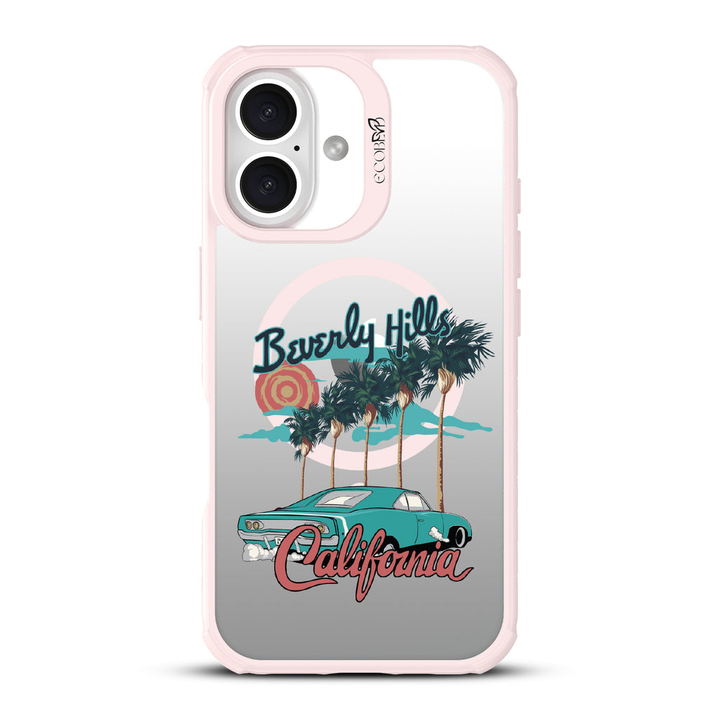 iPhone 16 case, clear, sustainable phone case with pink ridges, back view, 90210 design