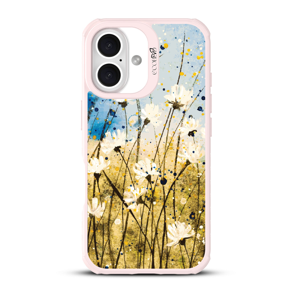 iPhone 16 case, clear, sustainable phone case with pink ridges, back view, Dandelion Dance design
