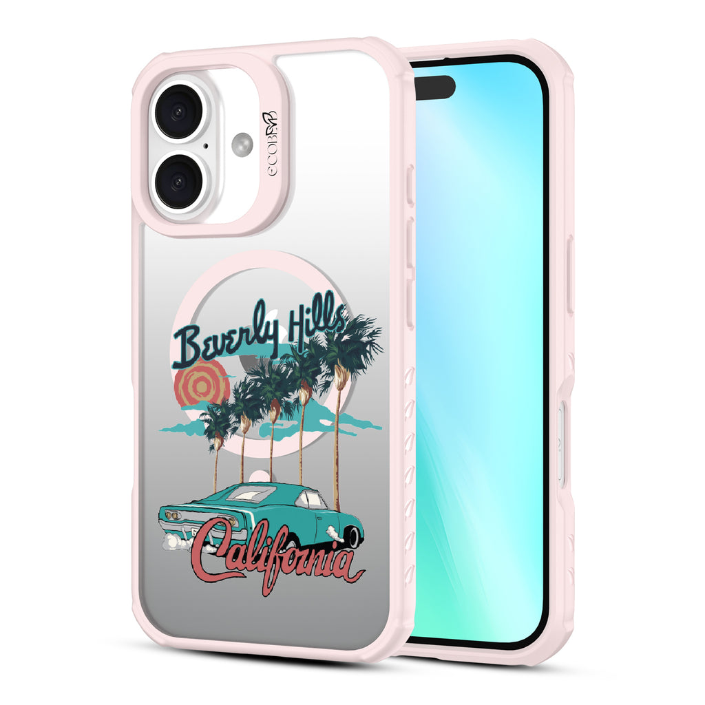 Front and back view of iPhone 16 case, clear, sustainable phone case with pink ridges, 90210 design