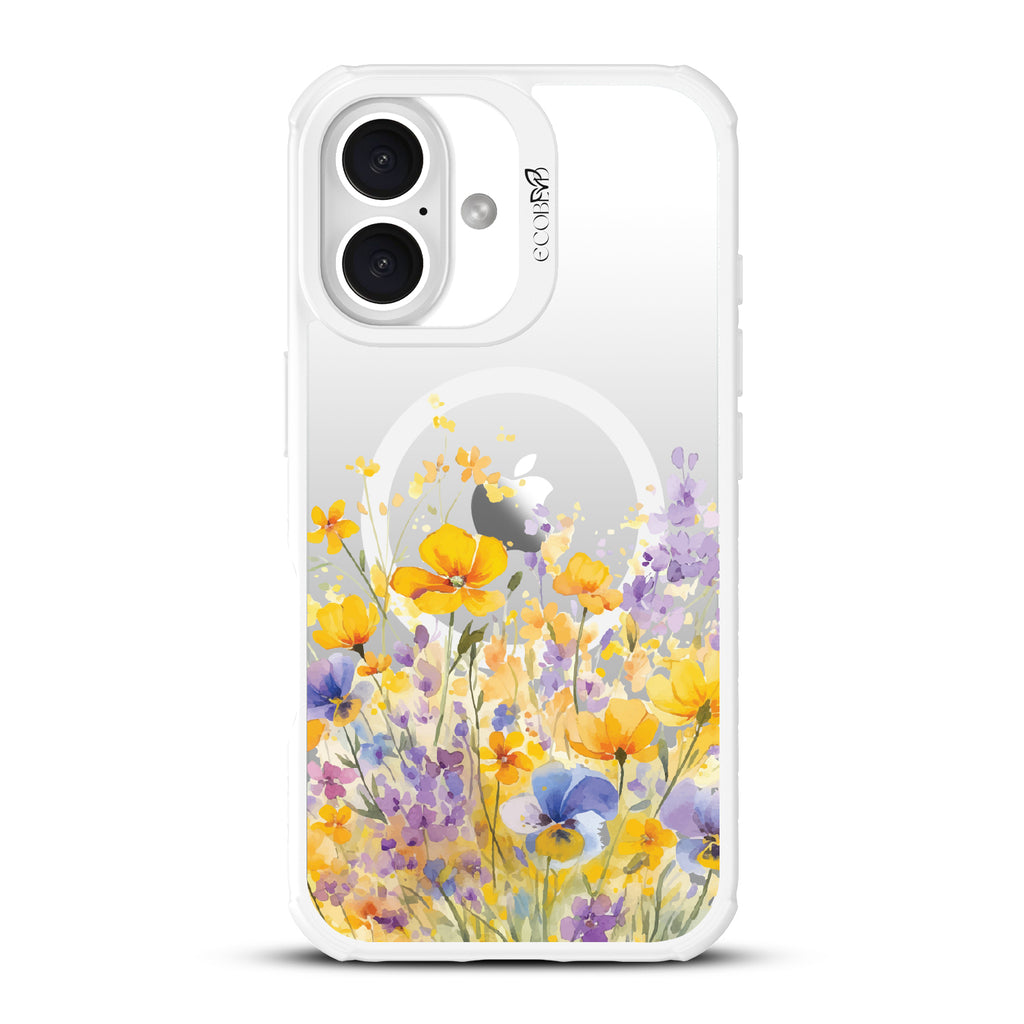 iPhone 16 case, clear, sustainable phone case with white ridges, back view, Meadowlight design