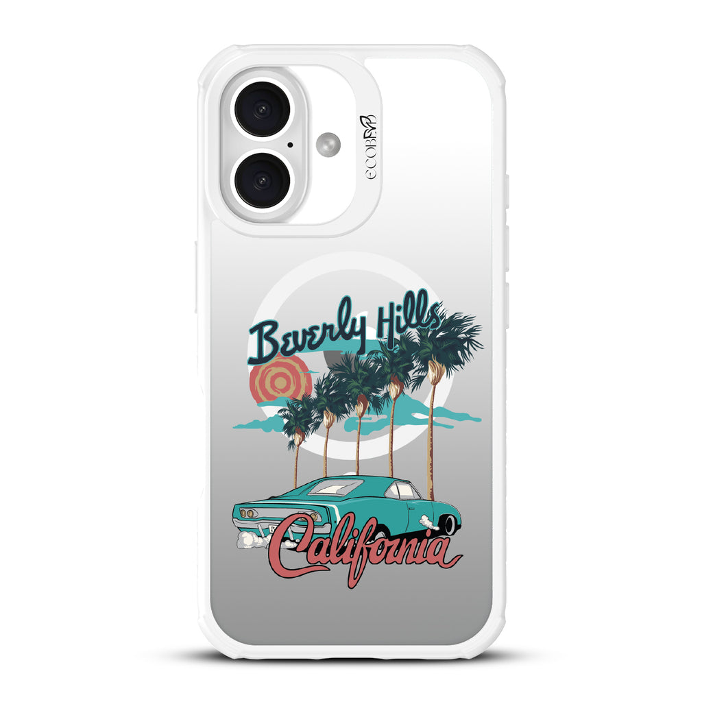 iPhone 16 case, clear, sustainable phone case with white ridges, back view, 90210 design