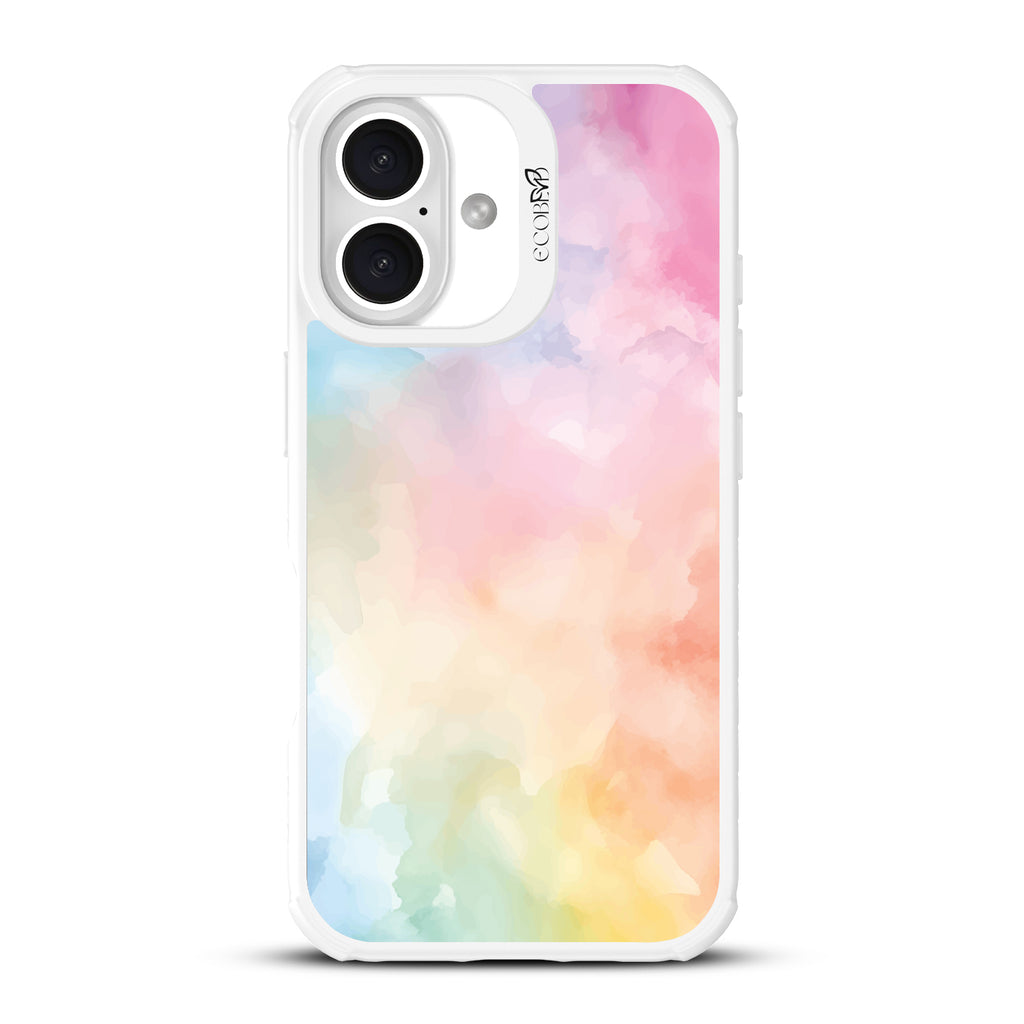 iPhone 16 case, clear, sustainable phone case with white ridges, back view, Painted Skies design