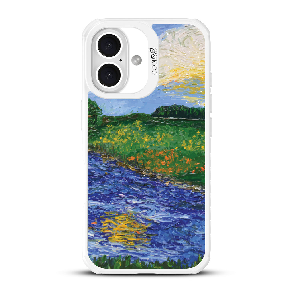 iPhone 16 case, clear, sustainable phone case with white ridges, back view, Field of Vision design