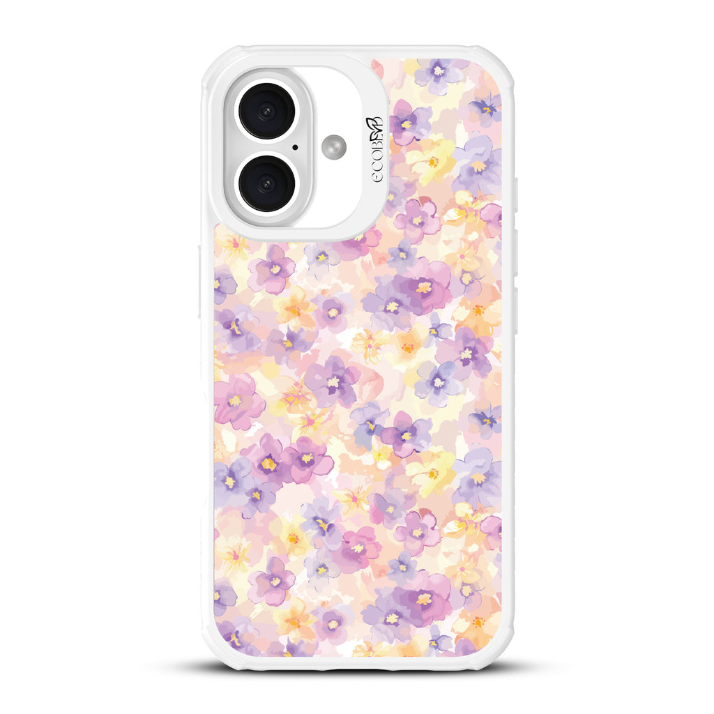 iPhone 16 case, clear, sustainable phone case with white ridges, back view, Flowering Thoughts design