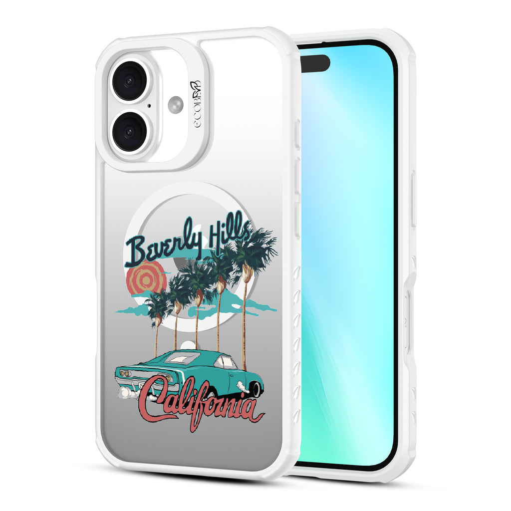 Front and back view of iPhone 16 case, clear, sustainable phone case with white ridges, 90210 design
