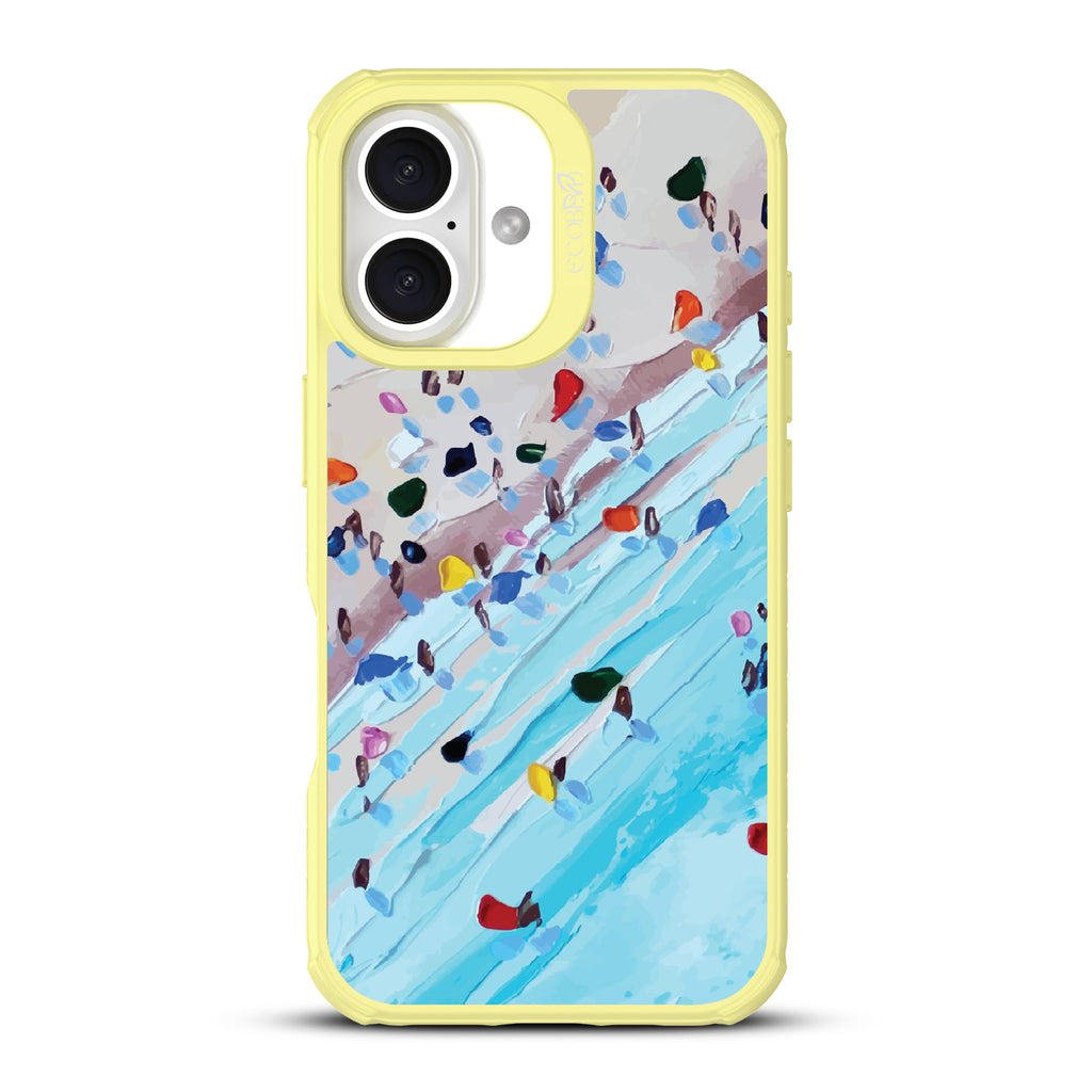 iPhone 16 case, clear, sustainable phone case with yellow ridges, back view, Waves of Color design