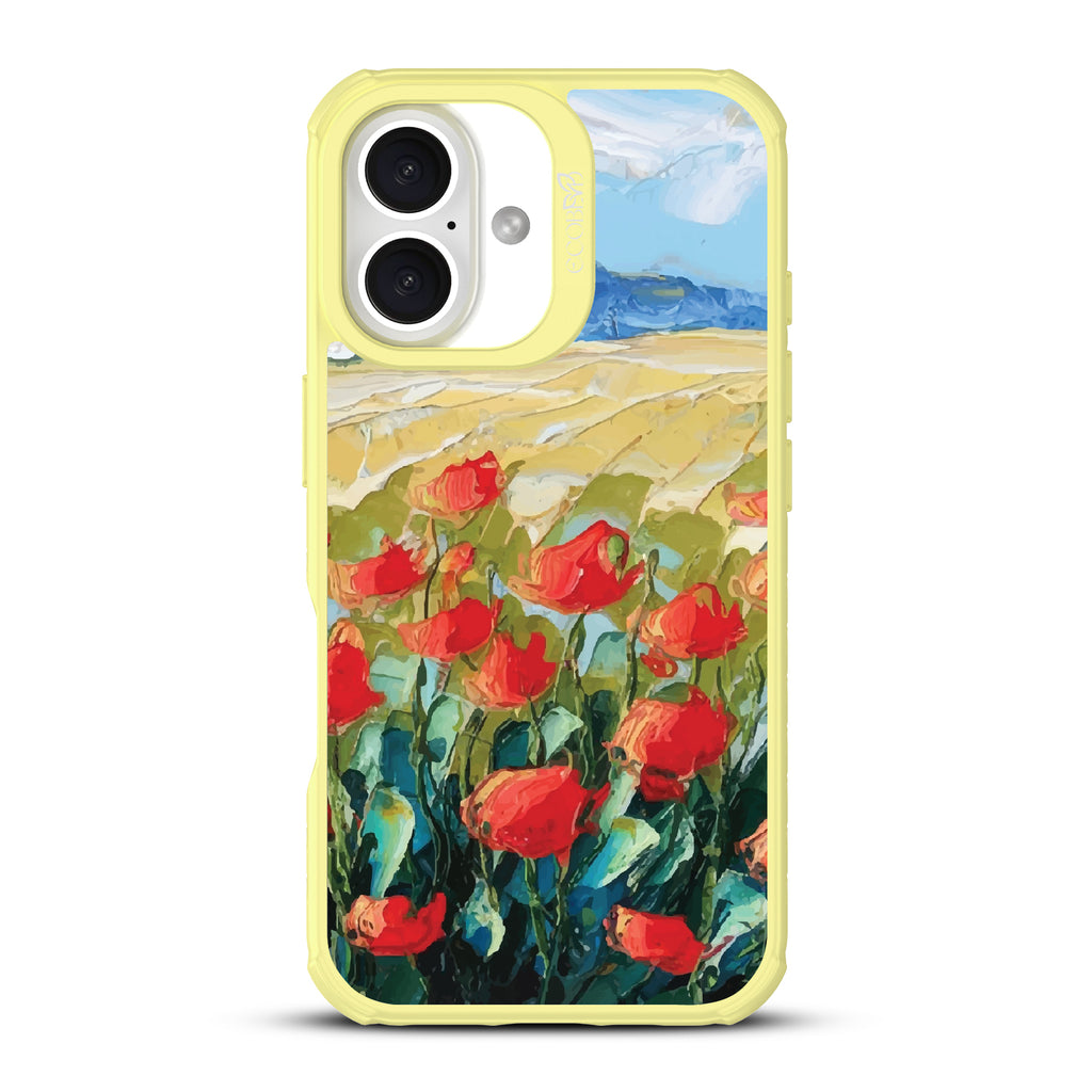 iPhone 16 case, clear, sustainable phone case with yellow ridges, back view, Sleepy Bloom design