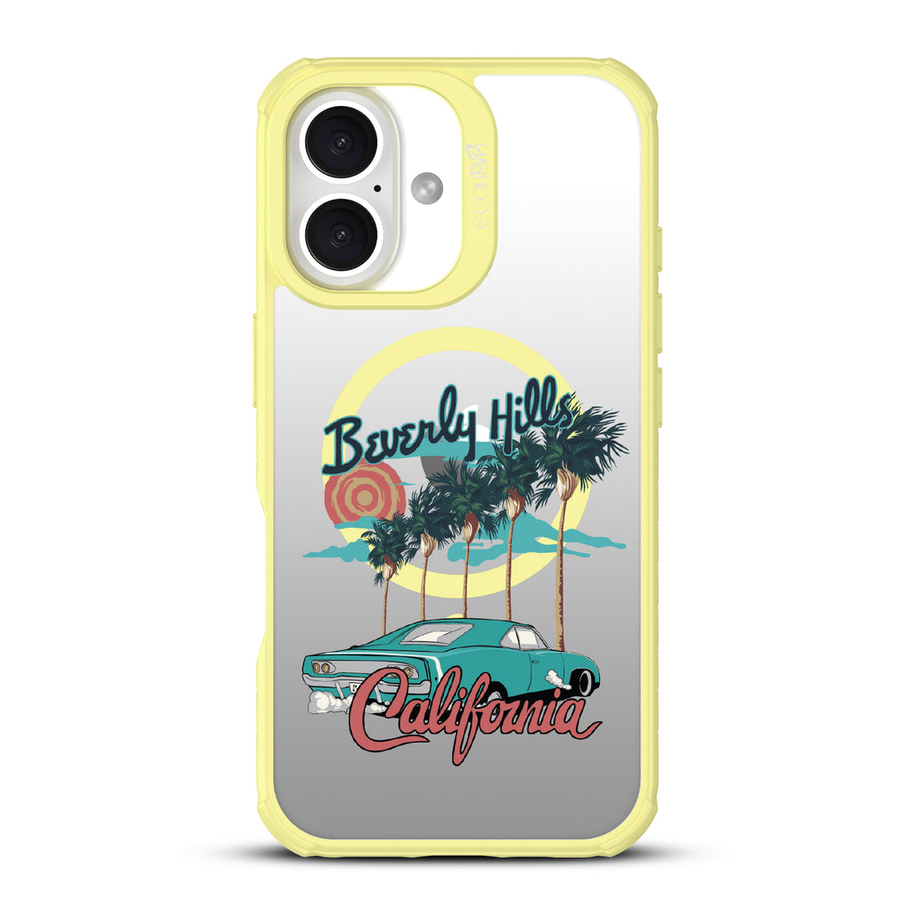 iPhone 16 case, clear, sustainable phone case with yellow ridges, back view, 90210 design