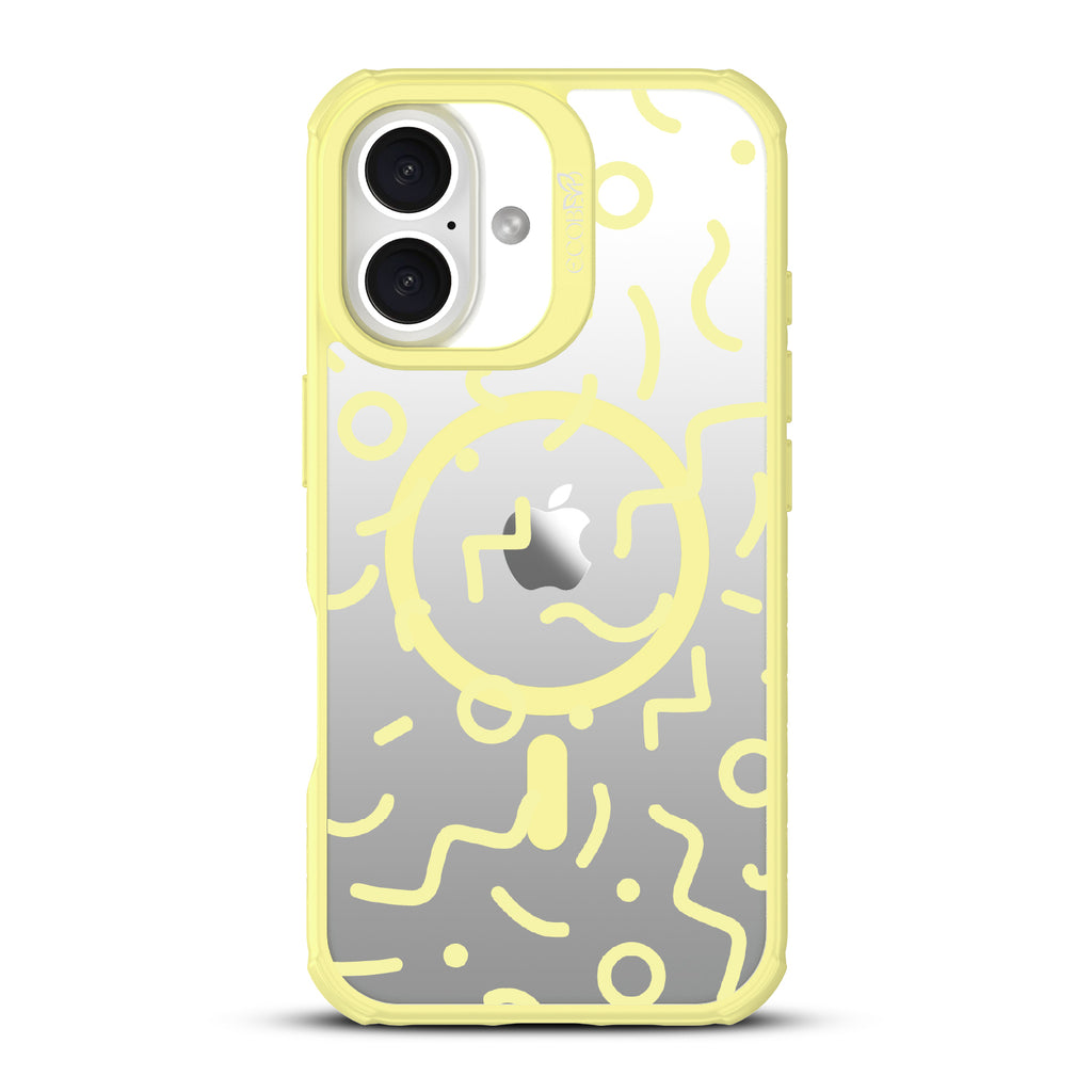 iPhone 16 case, clear, sustainable phone case with yellow ridges, back view, 90’s Kids design