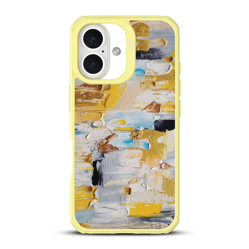 iPhone 16 case, clear, sustainable phone case with yellow ridges, back view, Lighten Up design