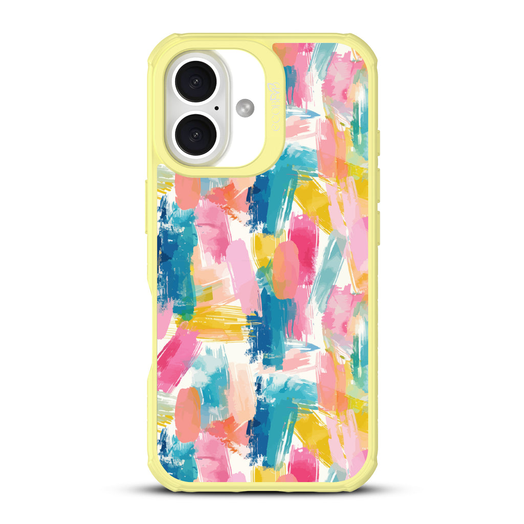 iPhone 16 case, clear, sustainable phone case with yellow ridges, back view, Blurred Beauty design