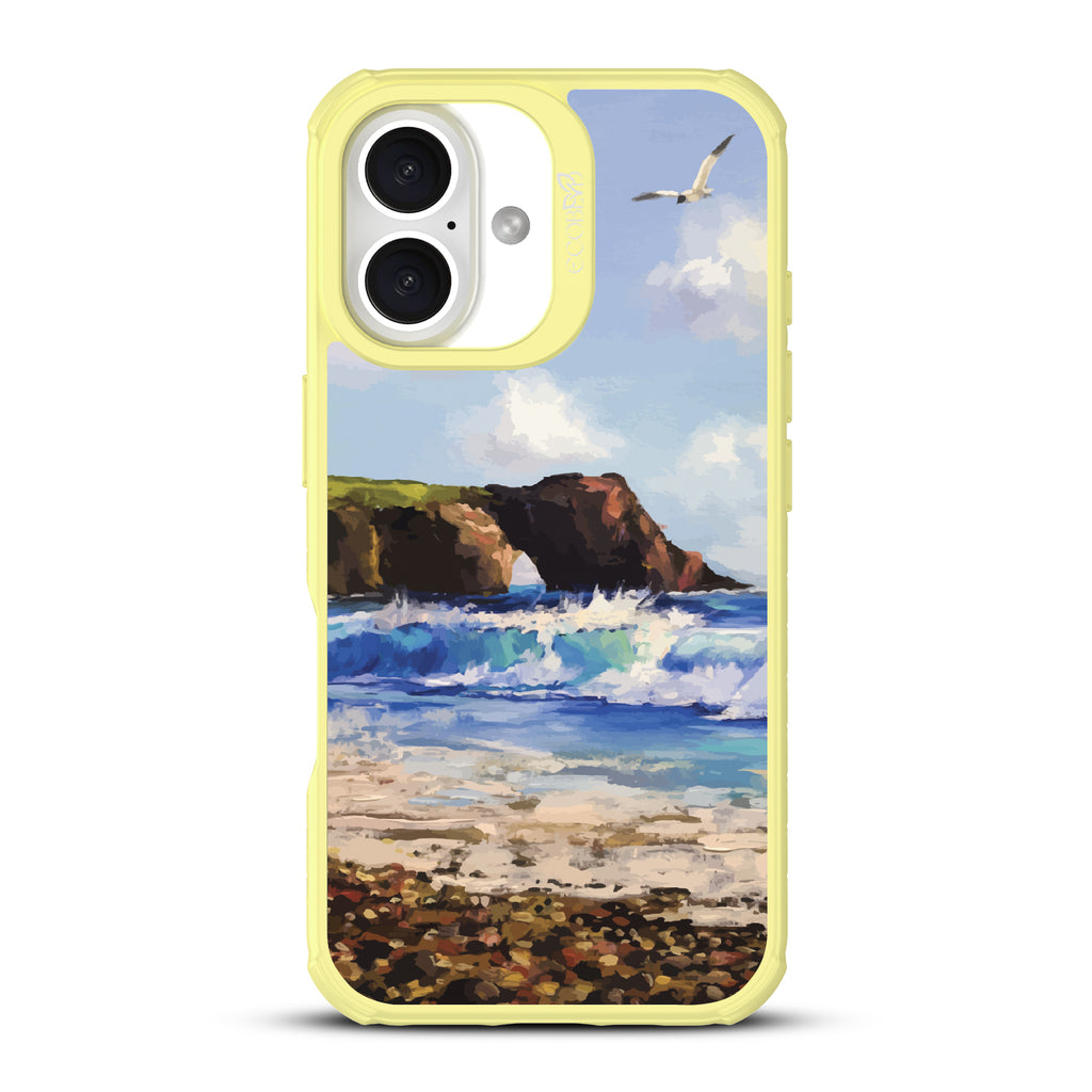 iPhone 16 case, clear, sustainable phone case with yellow ridges, back view, Cliffhanger design