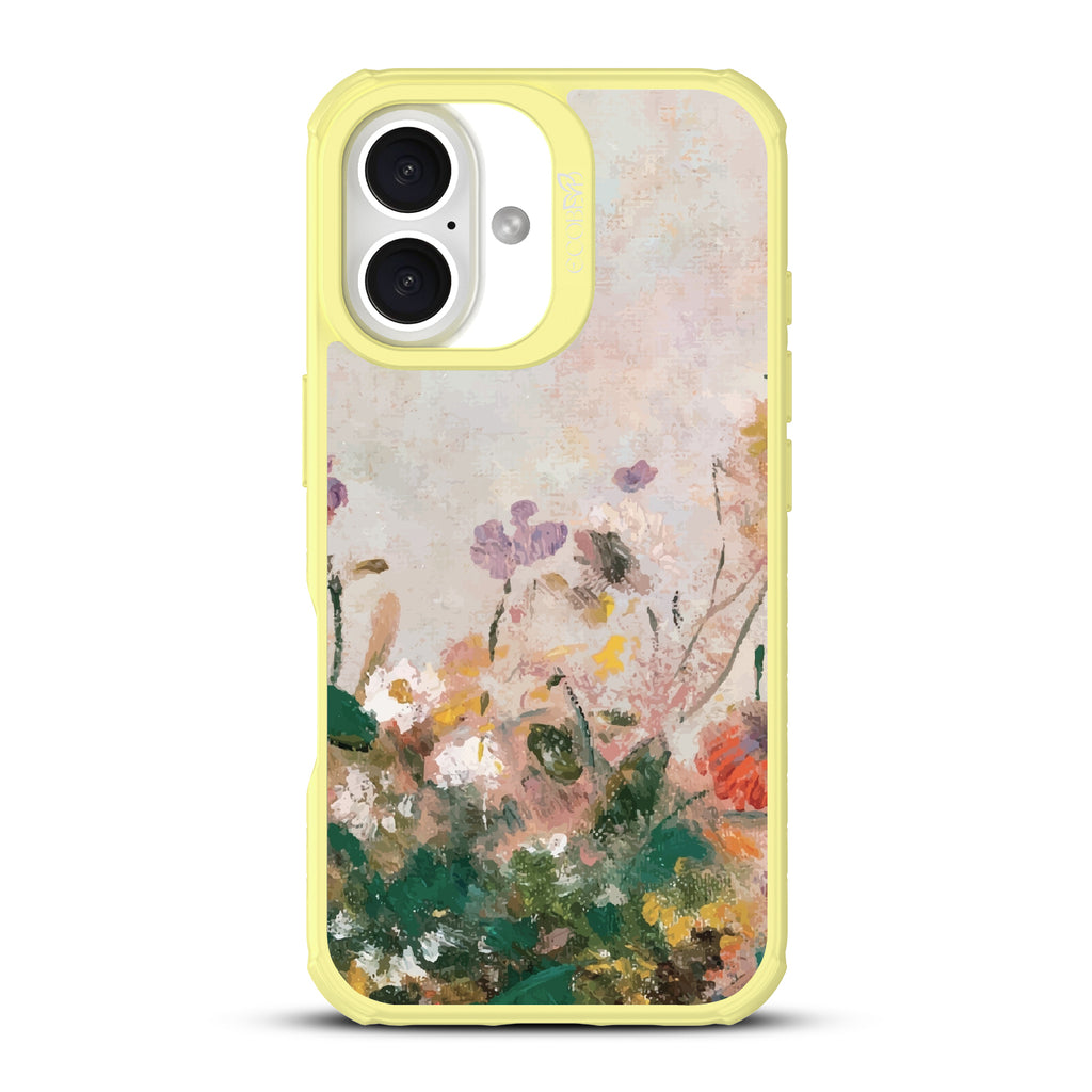 iPhone 16 case, clear, sustainable phone case with yellow ridges, back view, Wild Grace design