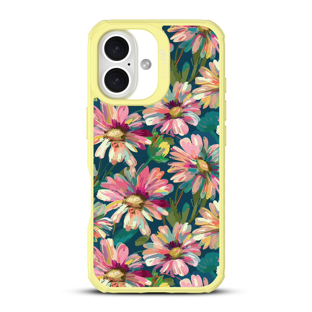 iPhone 16 case, clear, sustainable phone case with yellow ridges, back view, Dasiy Dusk design