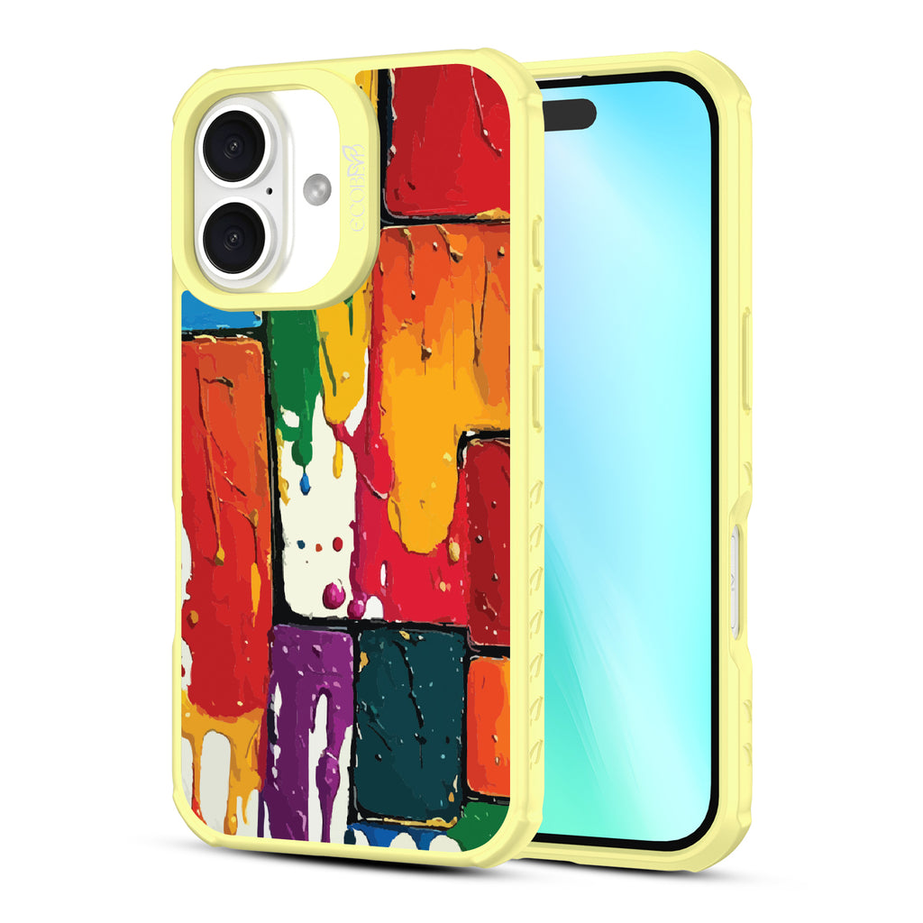 Front and back view of iPhone 16 case, clear, sustainable phone case with yellow ridges, Color Me Mine design