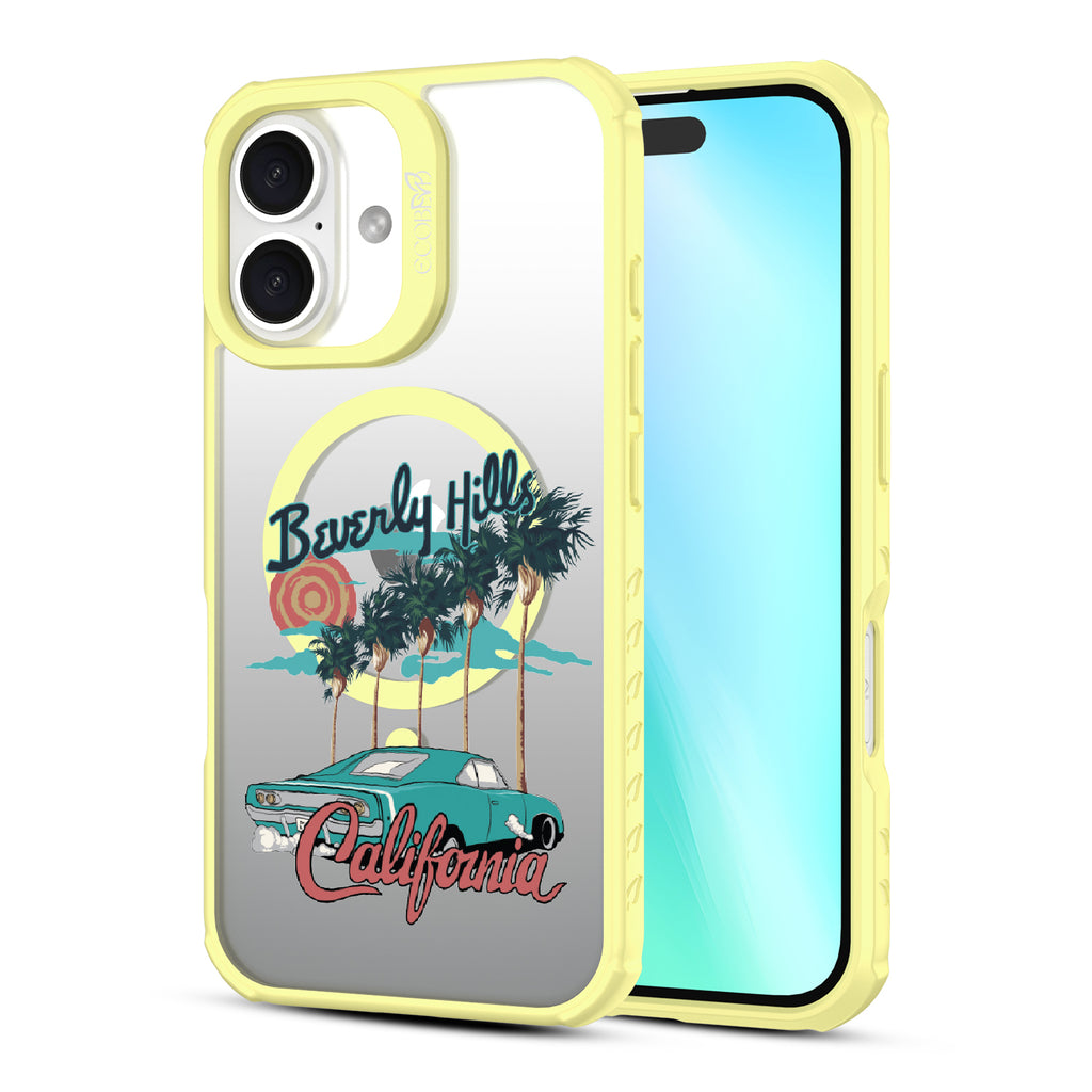 Front and back view of iPhone 16 case, clear, sustainable phone case with yellow ridges, 90210 design