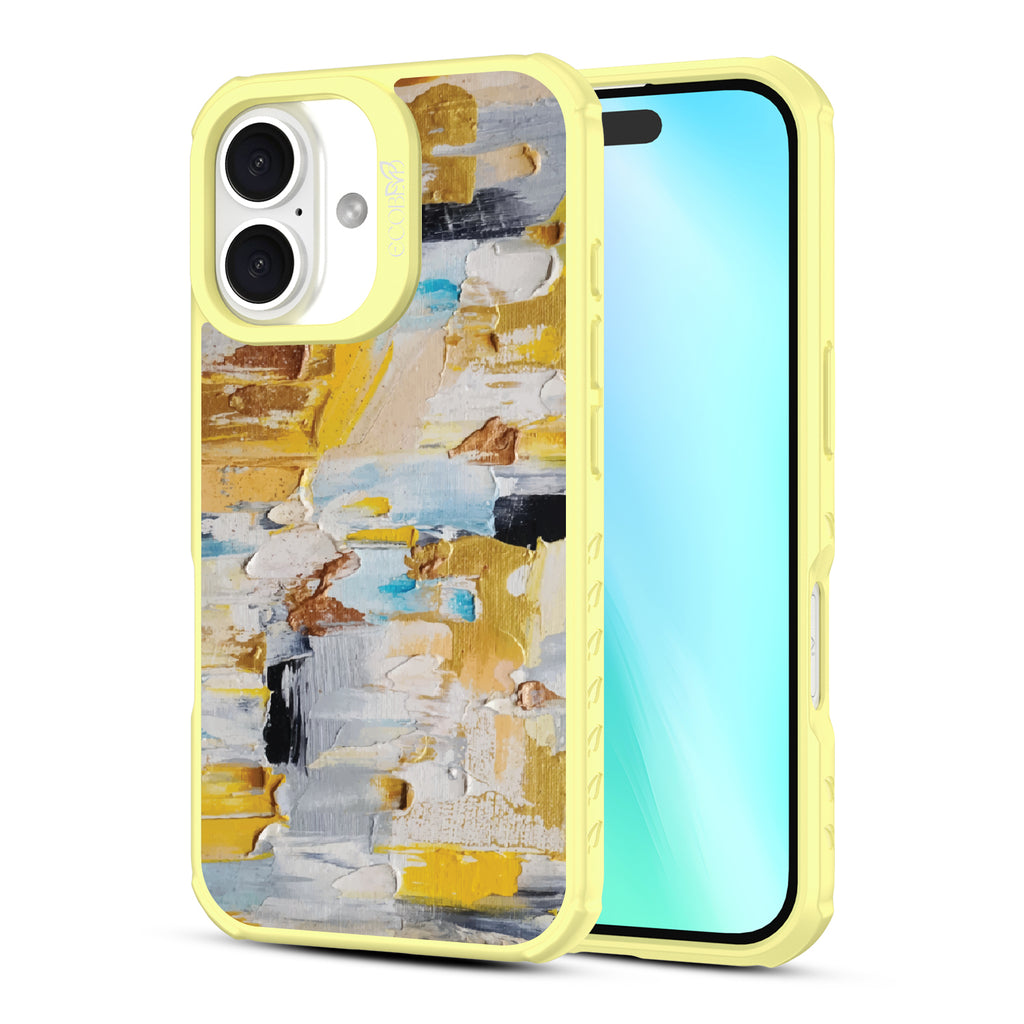 Front and back view of iPhone 16 case, clear, sustainable phone case with yellow ridges, Lighten Up design