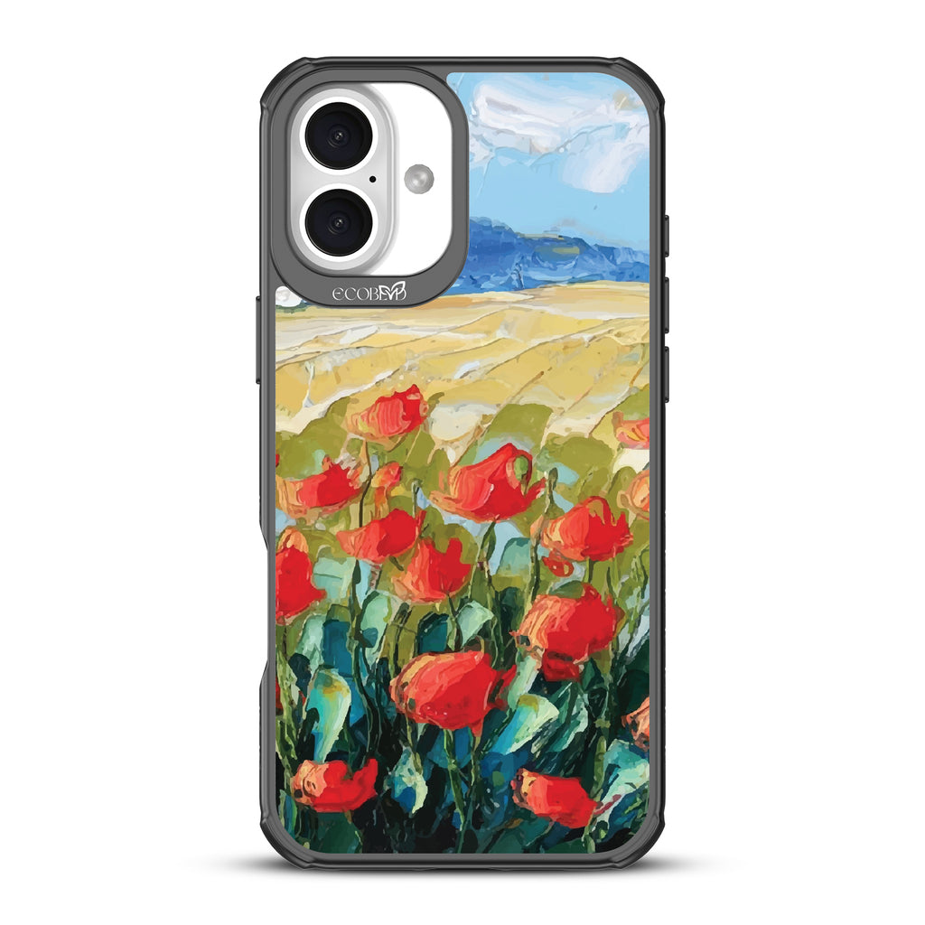 iPhone 16 Plus case, clear, sustainable phone case with black ridges, back view, Sleepy Bloom design