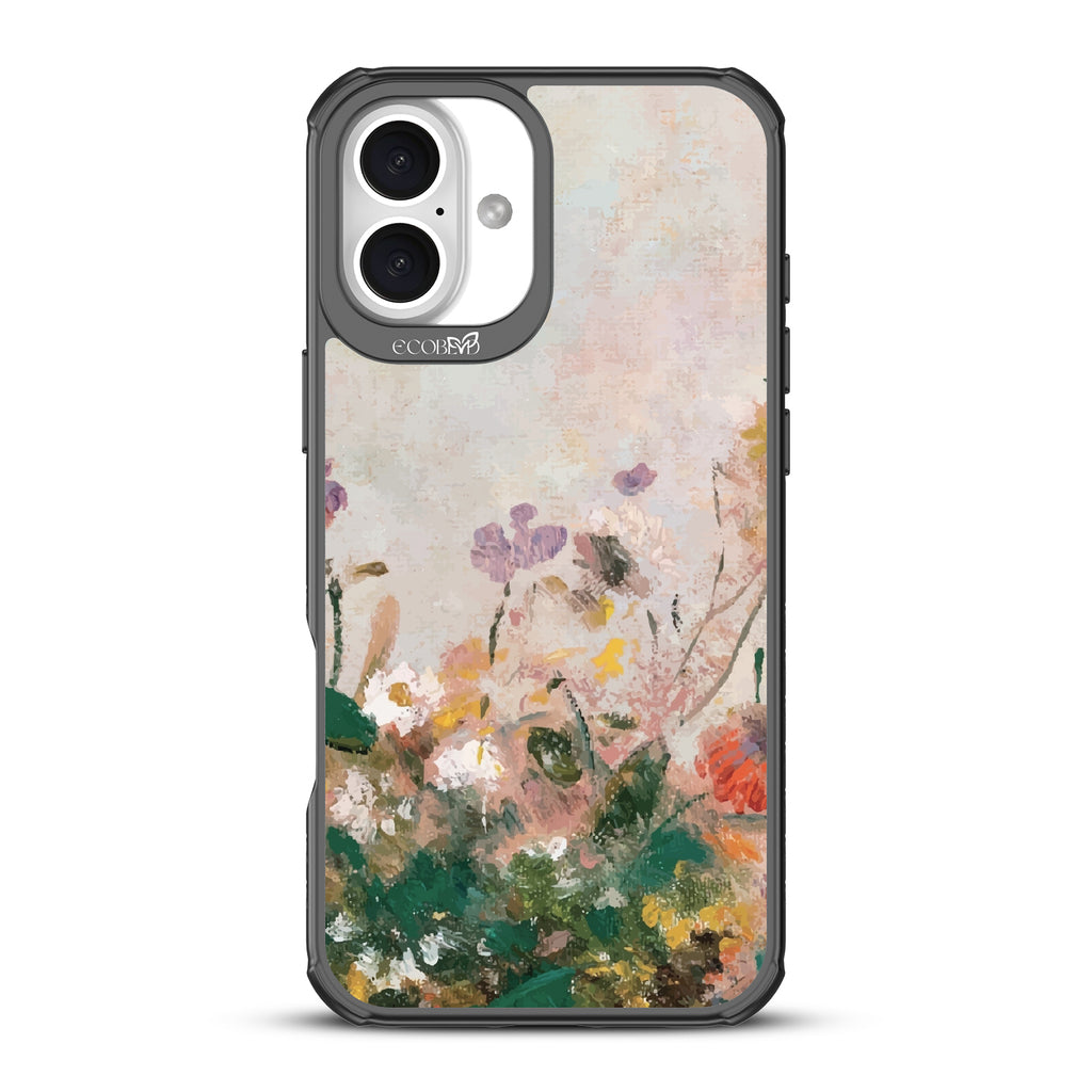 iPhone 16 Plus case, clear, sustainable phone case with black ridges, back view, Wild Grace design