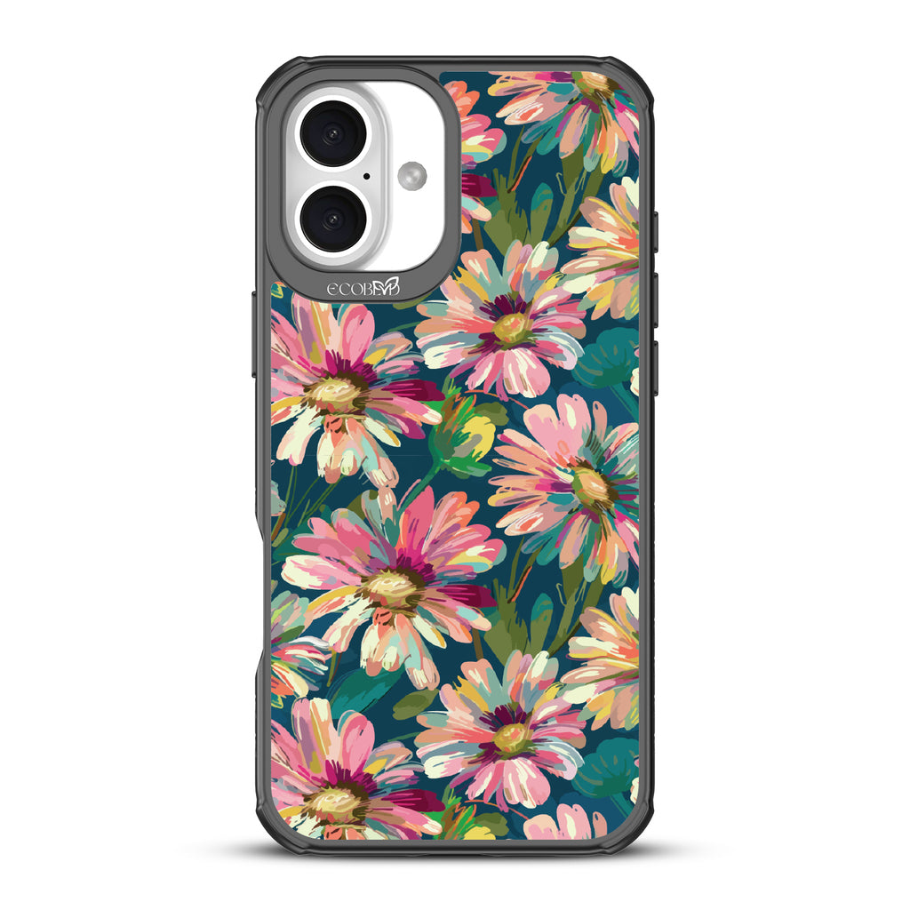 iPhone 16 Plus case, clear, sustainable phone case with black ridges, back view, Daisy Dusk design