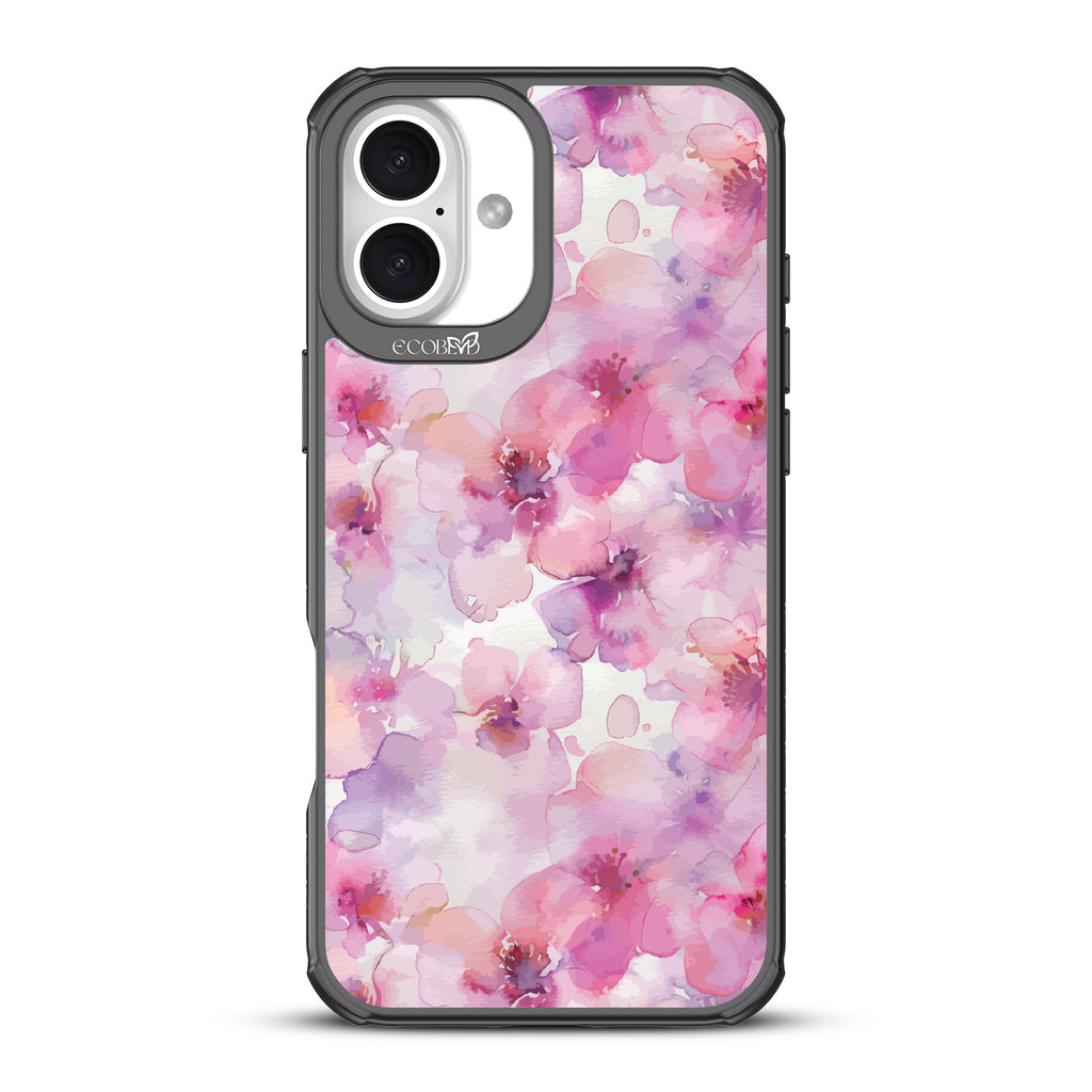 iPhone 16 Plsu case, clear, sustainable phone case with black ridges, back view, Rosewater design