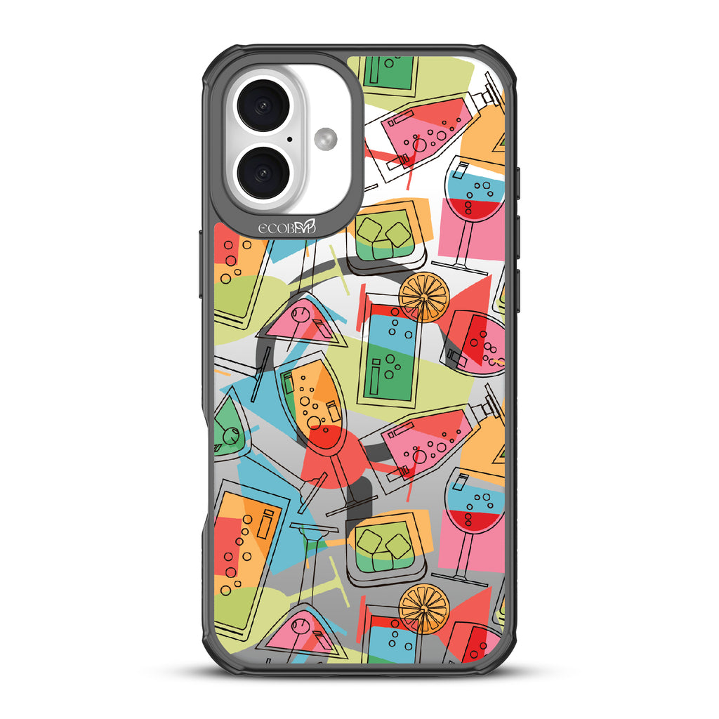 iPhone 16 Plus case, clear, sustainable phone case with black ridges, back view, 5 O’Clock Somewhere design
