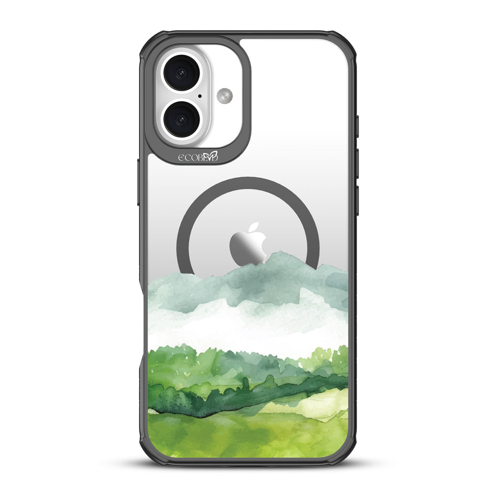 iPhone 16 Plus case, clear, sustainable phone case with black ridges, back view, Open Horizon design