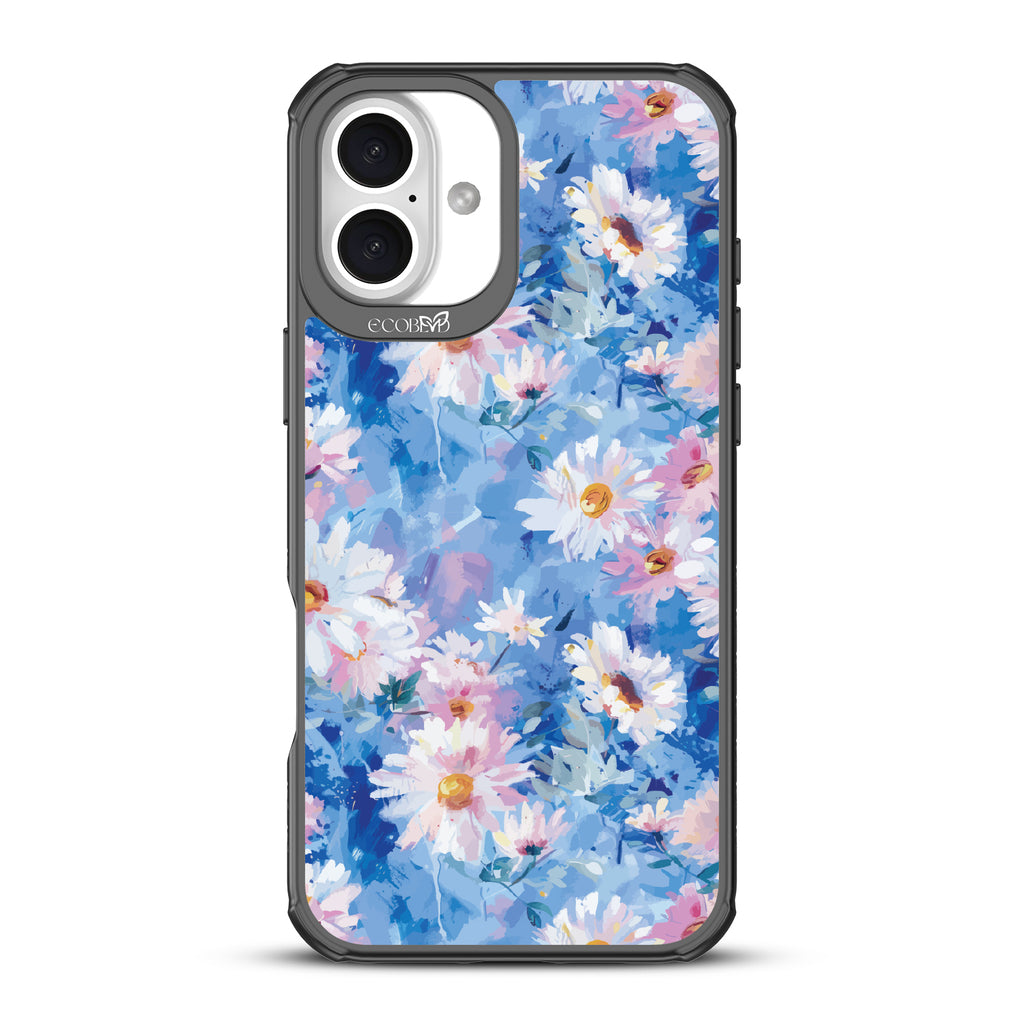 iPhone 16 Plus case, clear, sustainable phone case with black ridges, back view, Blown Away design