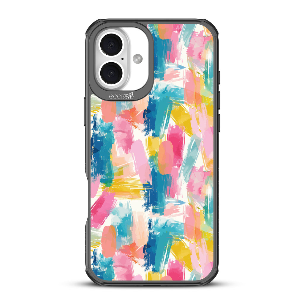 iPhone 16 Plus case, clear, sustainable phone case with black ridges, back view, Blurred Beauty design