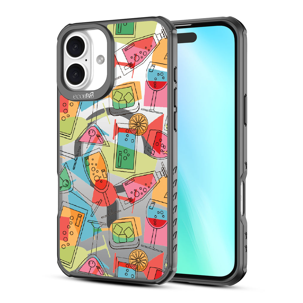 Front and back view of iPhone 16 Plus case, clear, sustainable phone case with black ridges, 5 O'Clock Somewhere design