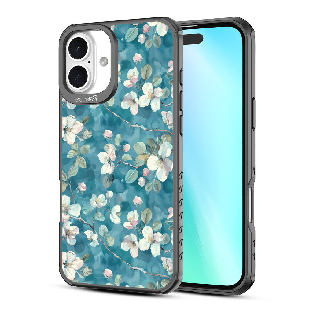 Front and back view of iPhone 16 Plus case, clear, sustainable phone case with black ridges, Sway & Sprout design