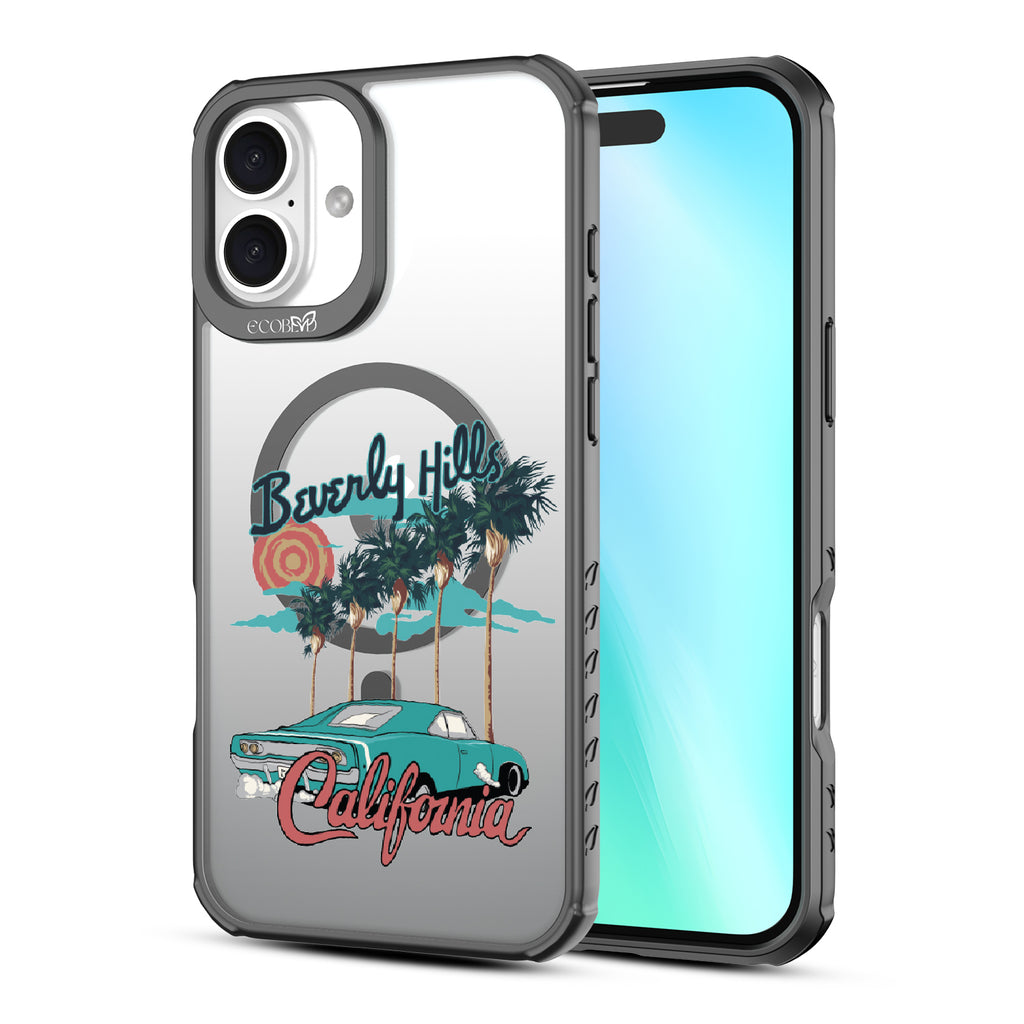 Front and back view of iPhone 16 Plus case, clear, sustainable phone case with black ridges, 90210 design