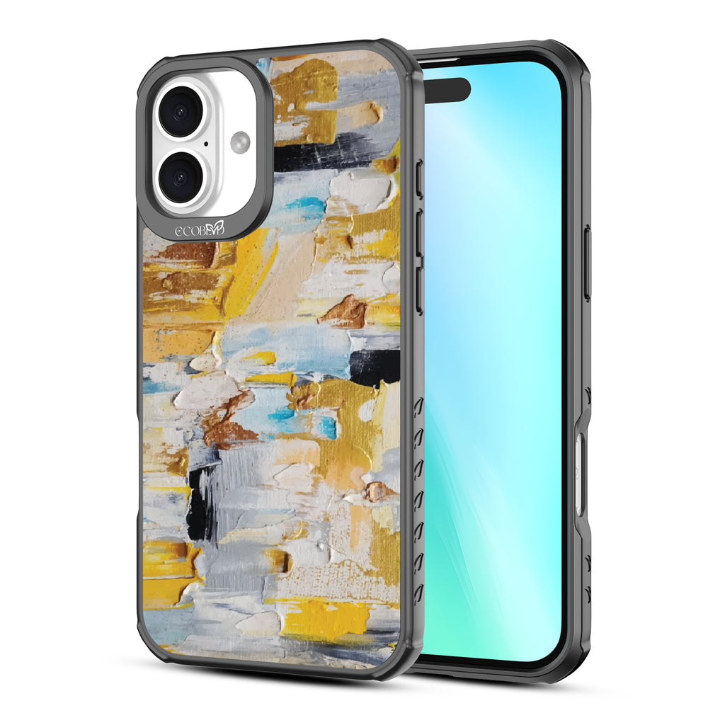 Front and back view of iPhone 16 Plus case, clear, sustainable phone case with black ridges, Lighten Up design

