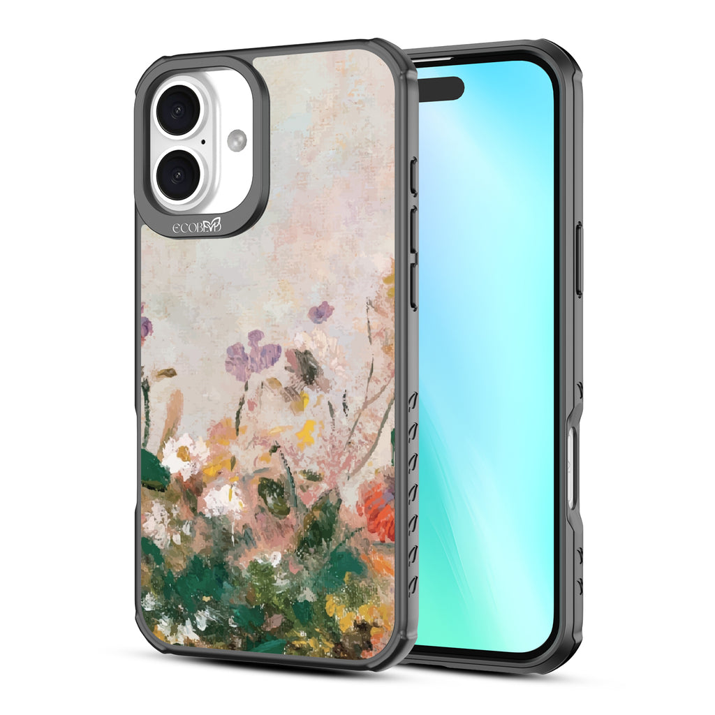 Front and back view of iPhone 16 Plus case, clear, sustainable phone case with black ridges, Wild Grace design