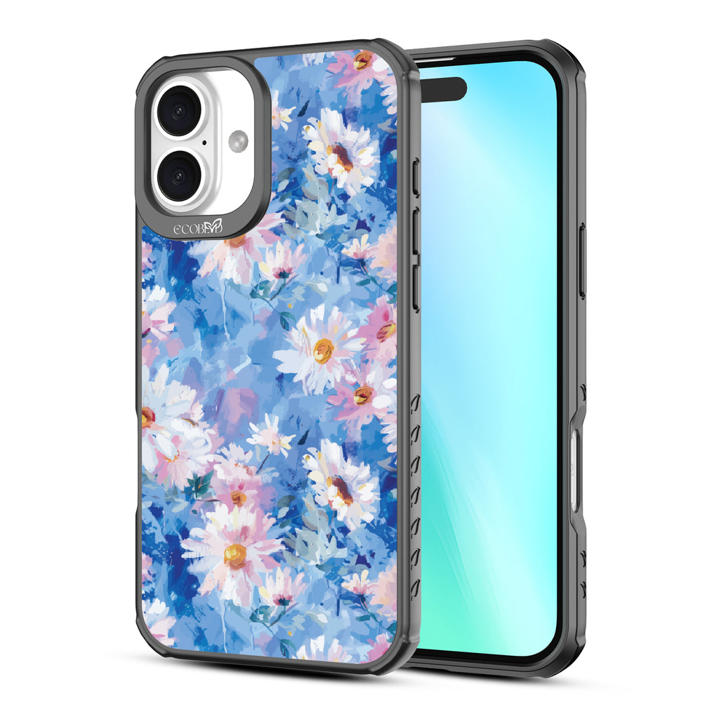 Front and back view of iPhone 16 Plus case, clear, sustainable phone case with black ridges, Blown Away design