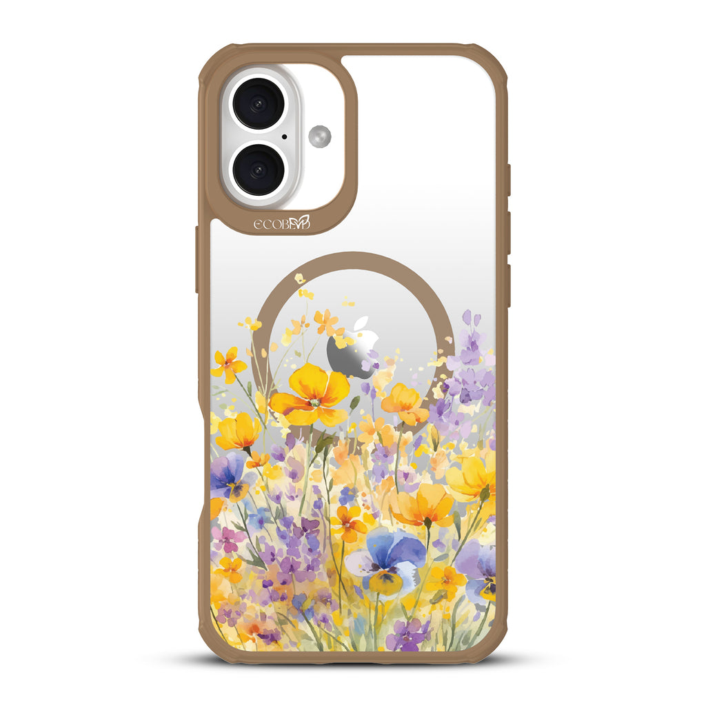 iPhone 16 Plus case, clear, sustainable phone case with brown ridges, back view, Meadowlight design