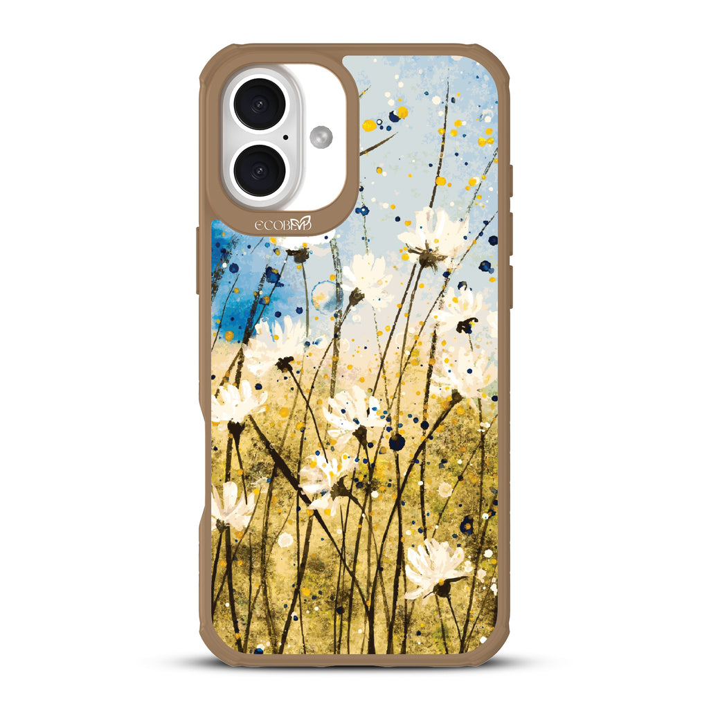 iPhone 16 Plus case, clear, sustainable phone case with brown ridges, back view, Dandelion Dance design
