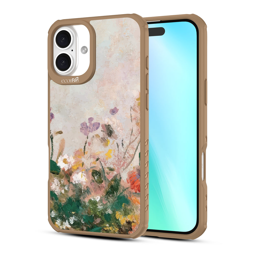 Front and back view of iPhone 16 Plus case, clear, sustainable phone case with brown ridges, Wild Grace design
