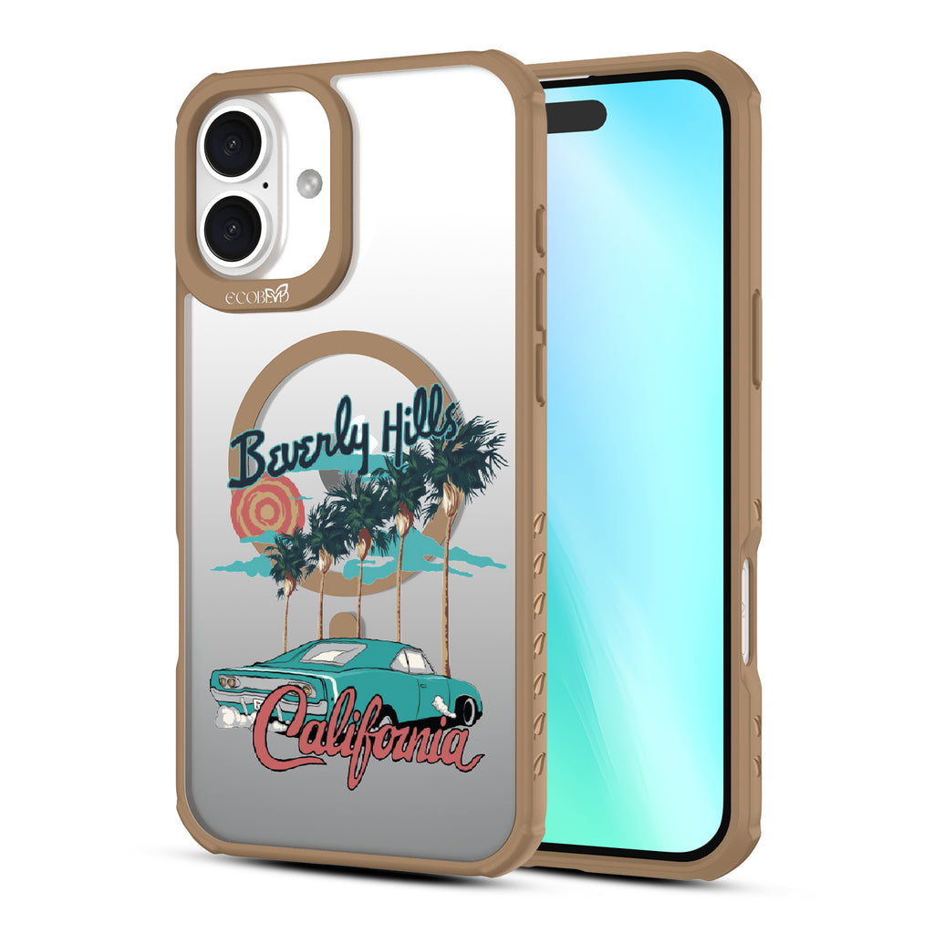 Front and back view of iPhone 16 Plus case, clear, sustainable phone case with brown ridges, 90210 design