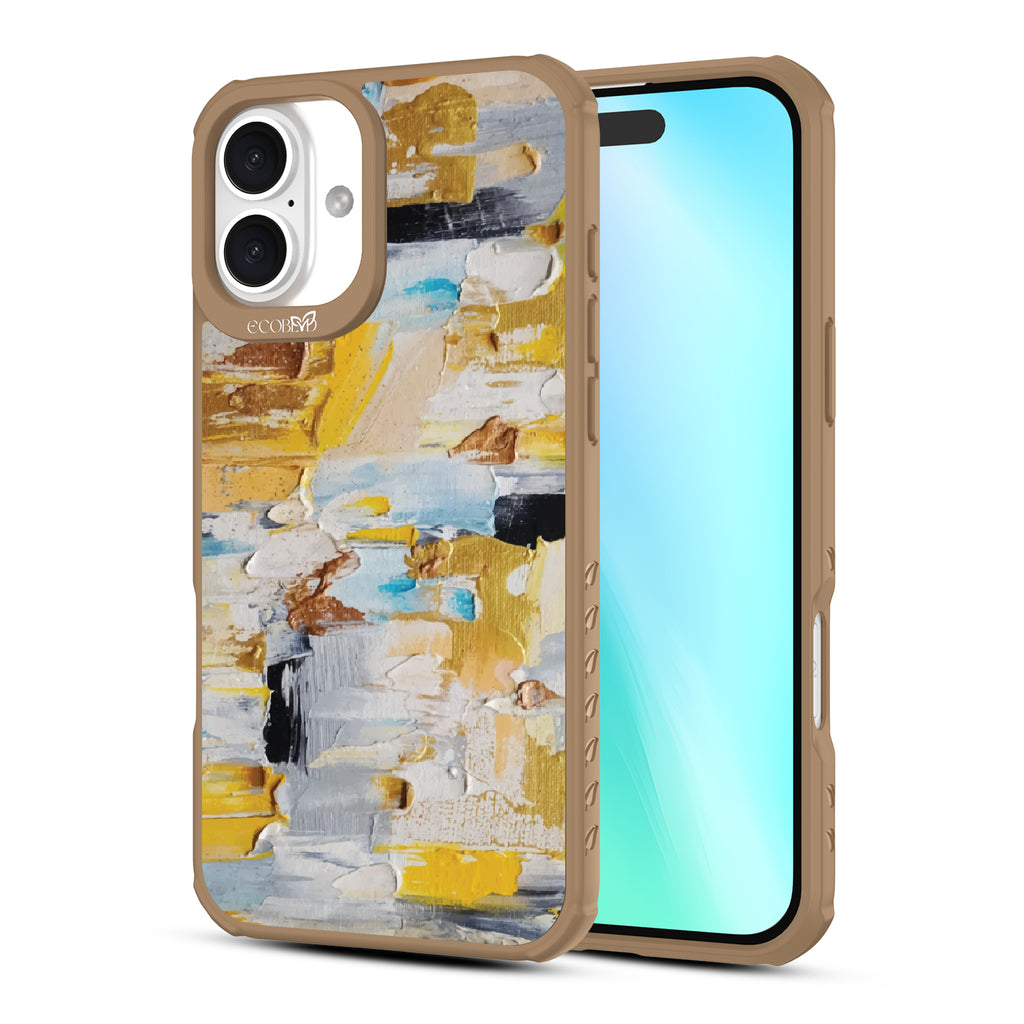 Front and back view of iPhone 16 Plus case, clear, sustainable phone case with brown ridges, Lighten Up design

