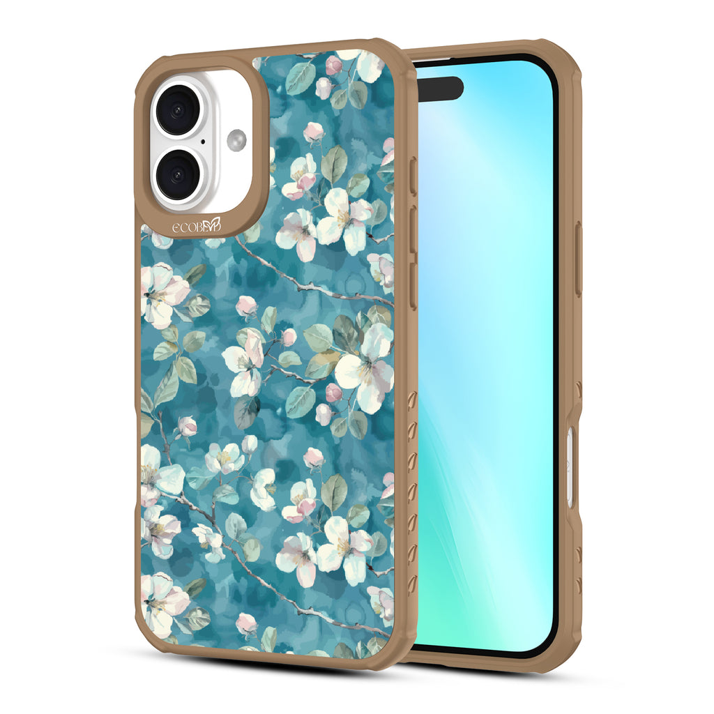 Front and back view of iPhone 16 Plus case, clear, sustainable phone case with brown ridges, Sway & Sprout design