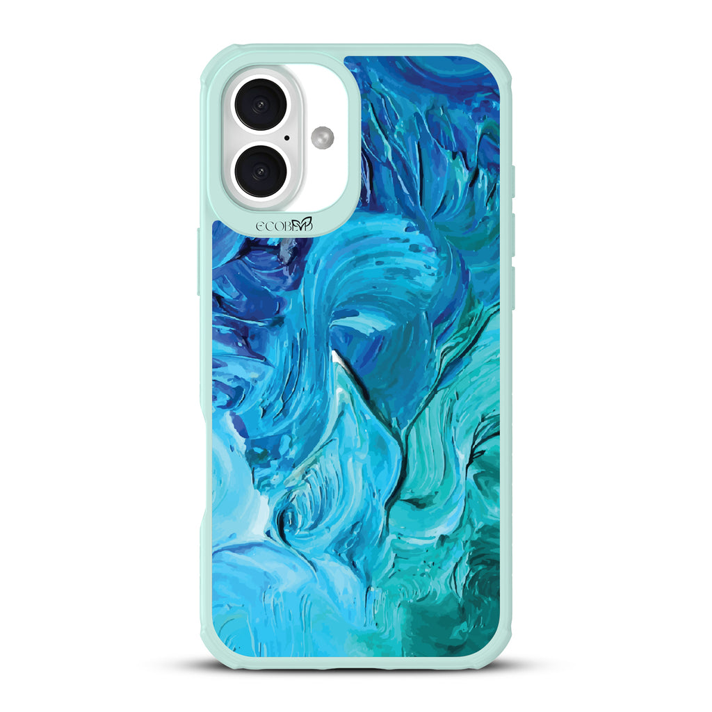 iPhone 16 Plus case, clear, sustainable phone case with green ridges, back view, Oceanswept design