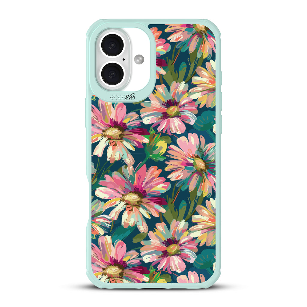 iPhone 16 Plus case, clear, sustainable phone case with green ridges, back view, Daisy Dusk design