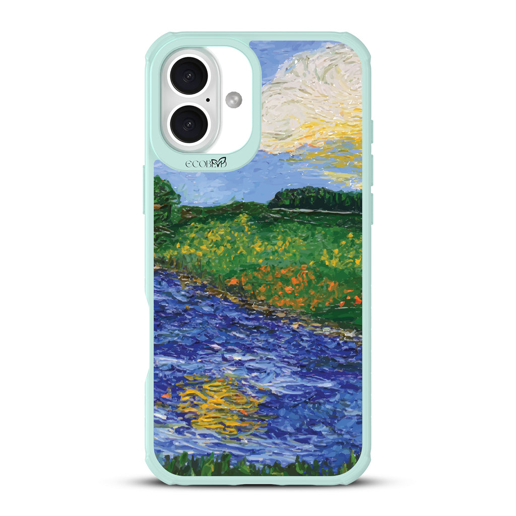 iPhone 16 Plus case, clear, sustainable phone case with green ridges, back view, Field of Vision design