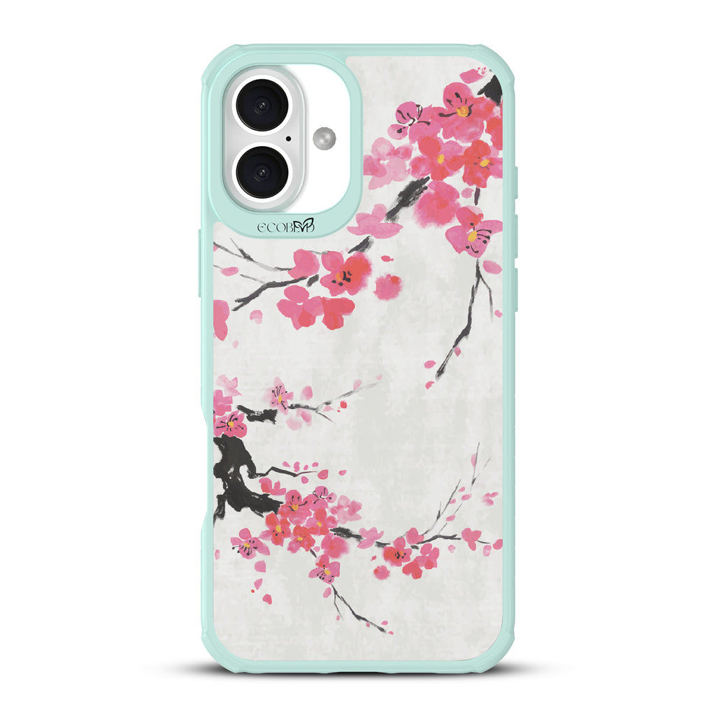 iPhone 16 Plus case, clear, sustainable phone case with green ridges, back view, Sakura Season design