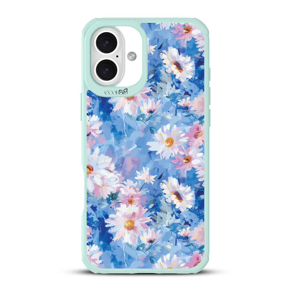 iPhone 16 Plus case, clear, sustainable phone case with green ridges, back view, Blown Away design