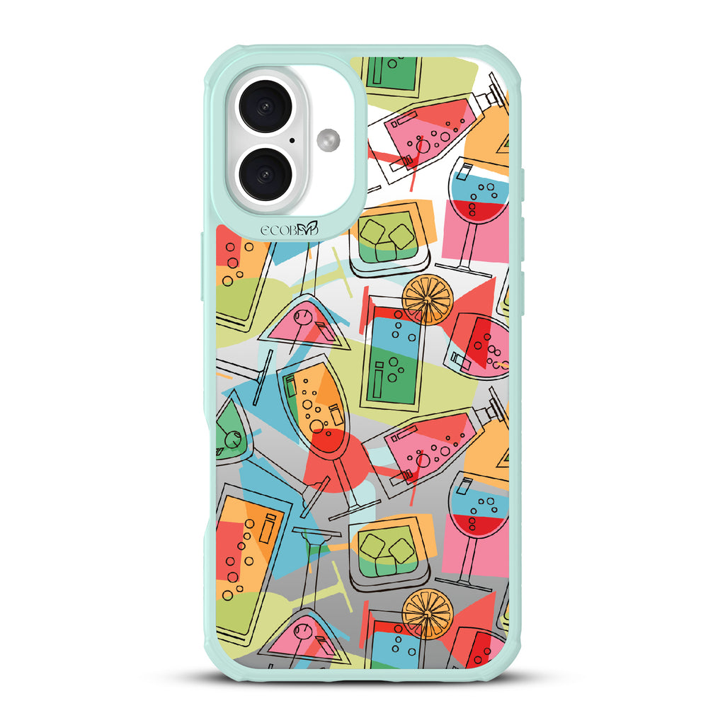 iPhone 16 Plus case, clear, sustainable phone case with green ridges, back view, 5 O’Clock Somewhere design