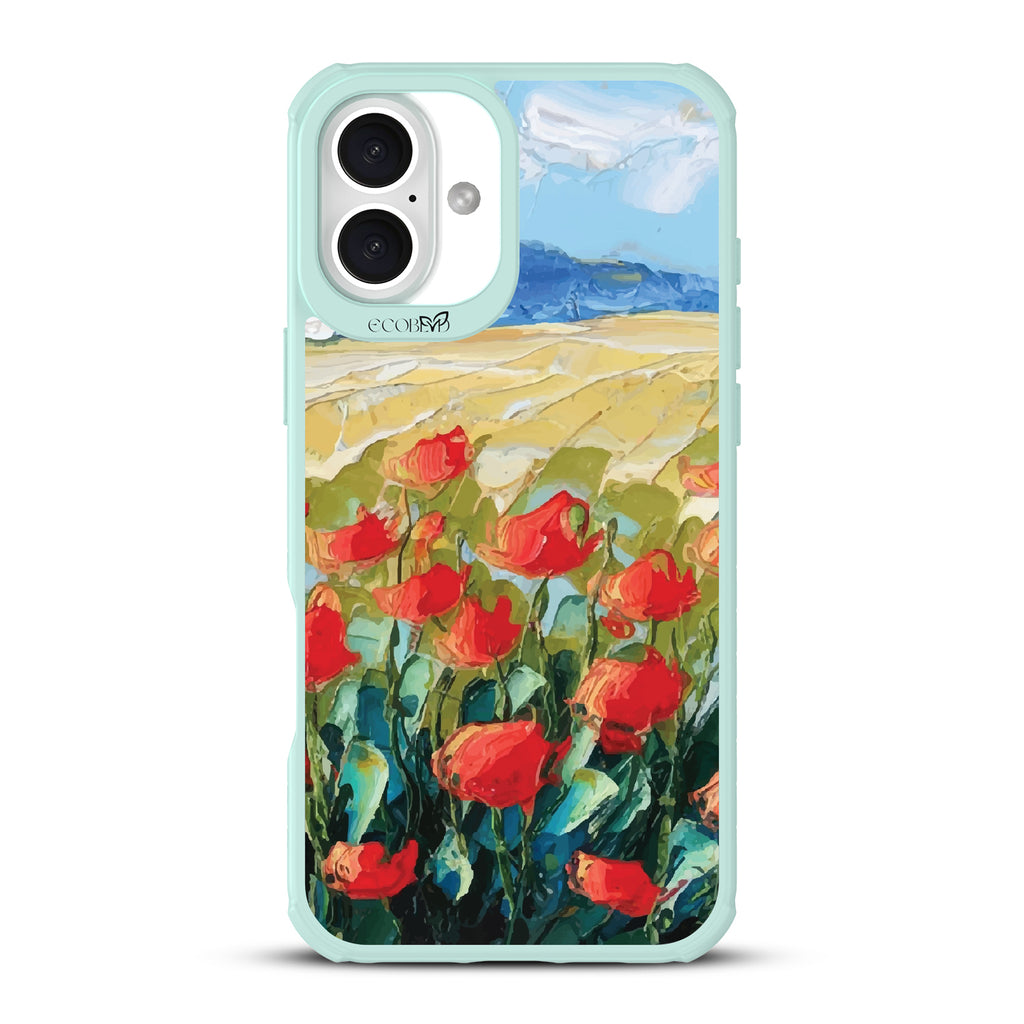 iPhone 16 Plus case, clear, sustainable phone case with green ridges, back view, Sleepy Bloom design